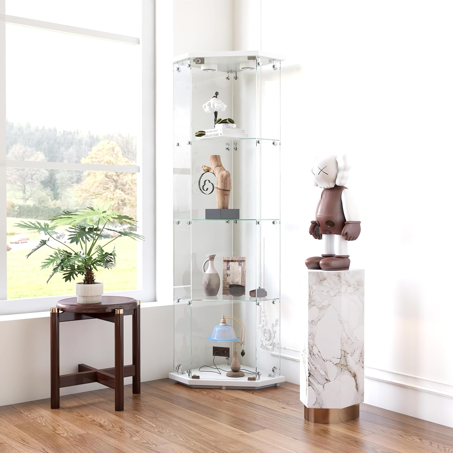 65' Corner Glass Display Cabinet with 13 Colors Lights, 4-Tier Corner Curio Cabinet Display Case with Lock for Collectibles, Home Decor Glass Shelf for Living Room, Bedroom, Office, Shop, White
