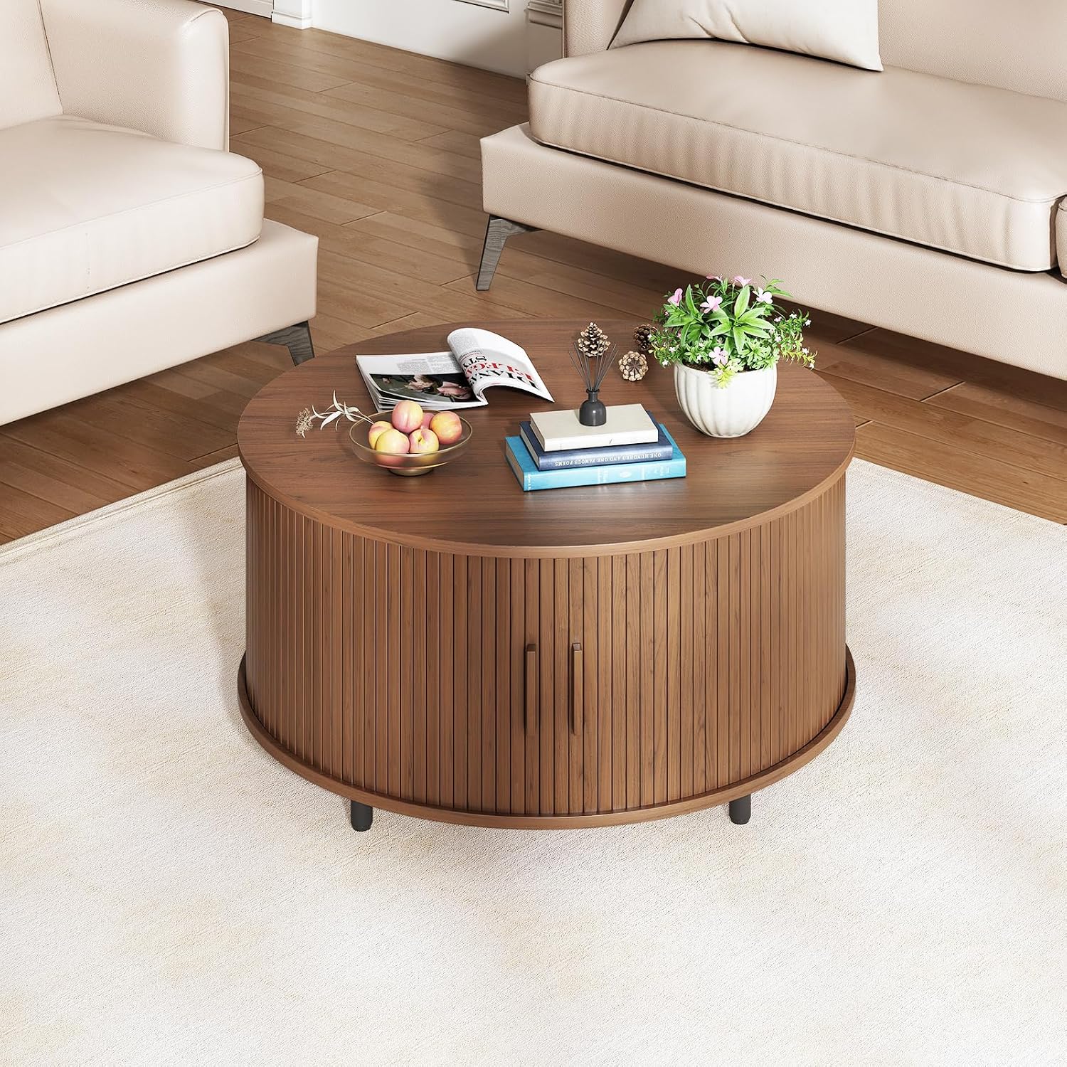 31.5 Inch Round Coffee Table, Fluted Coffee Tables with Storage, Mid-Century Modern Center Tables, Living Room Table with Sliding Door and Wood Handle for Living Room, Walnut