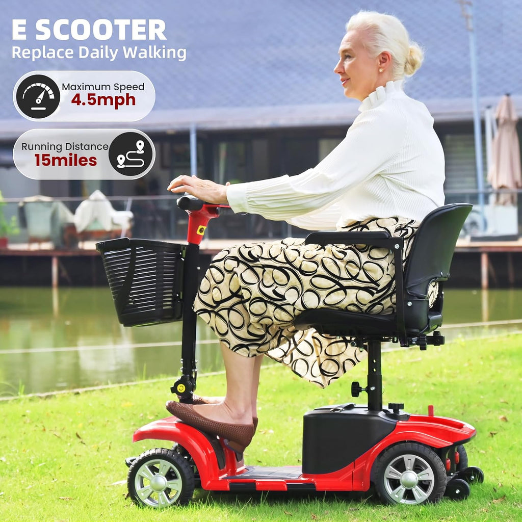 SUNDERWELL Mobility Scooters for Seniors & Adults, Compact Foldable Mobility Scooter with Tool-Free Disassembly, 15 Miles Range Electric Powered Mobility Scooters with 300 lb Capacity & USB Port (Red)