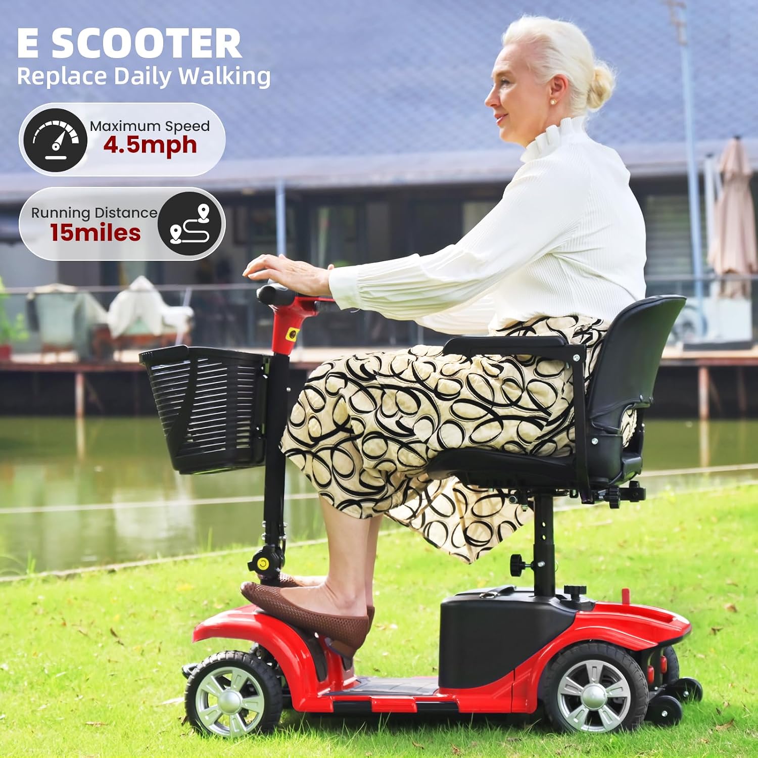 SUNDERWELL Mobility Scooters for Seniors & Adults, Compact Foldable Mobility Scooter with Tool-Free Disassembly, 15 Miles Range Electric Powered Mobility Scooters with 300 lb Capacity & USB Port (Red)