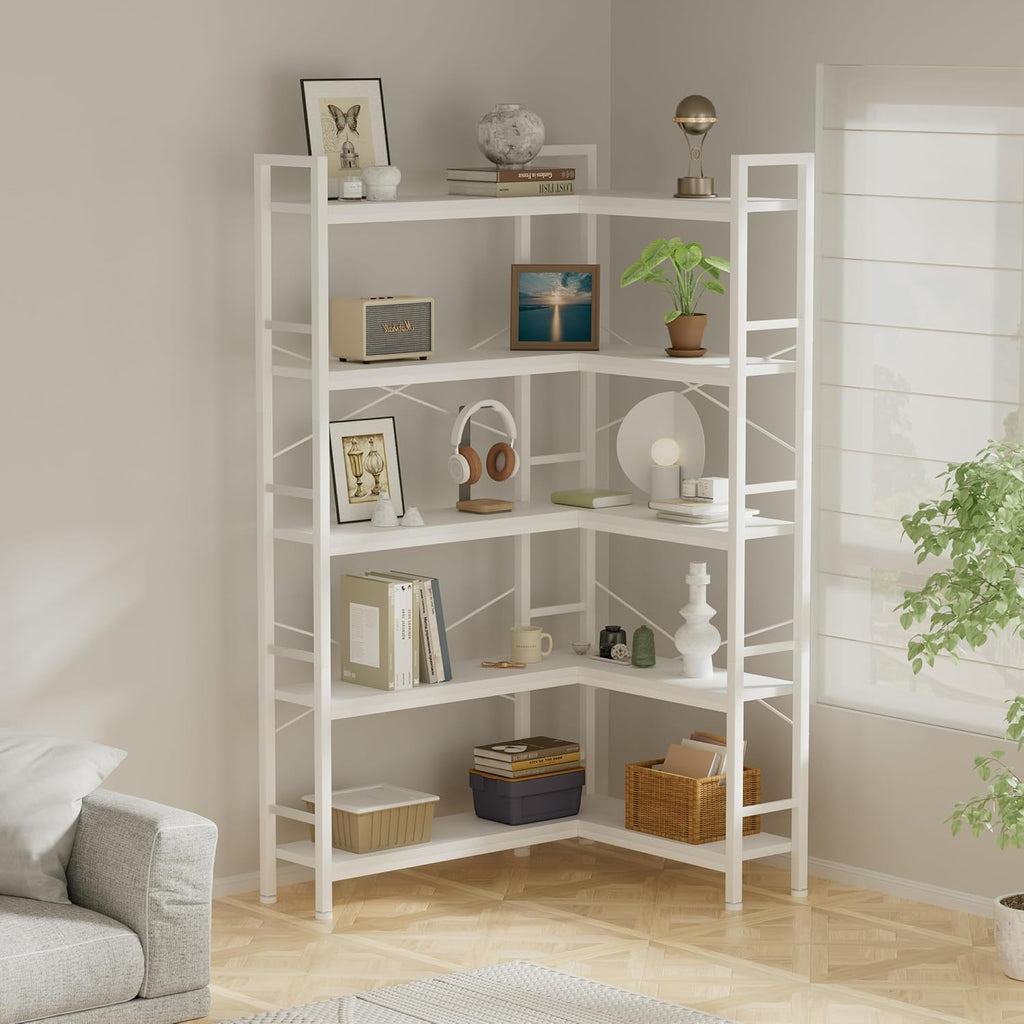 5-Shelf Corner Bookshelf, Large Open Shelf Bookcase,White Metal Frame, L-Shaped Storage Rack with Cross Braces for Living Room Home Office