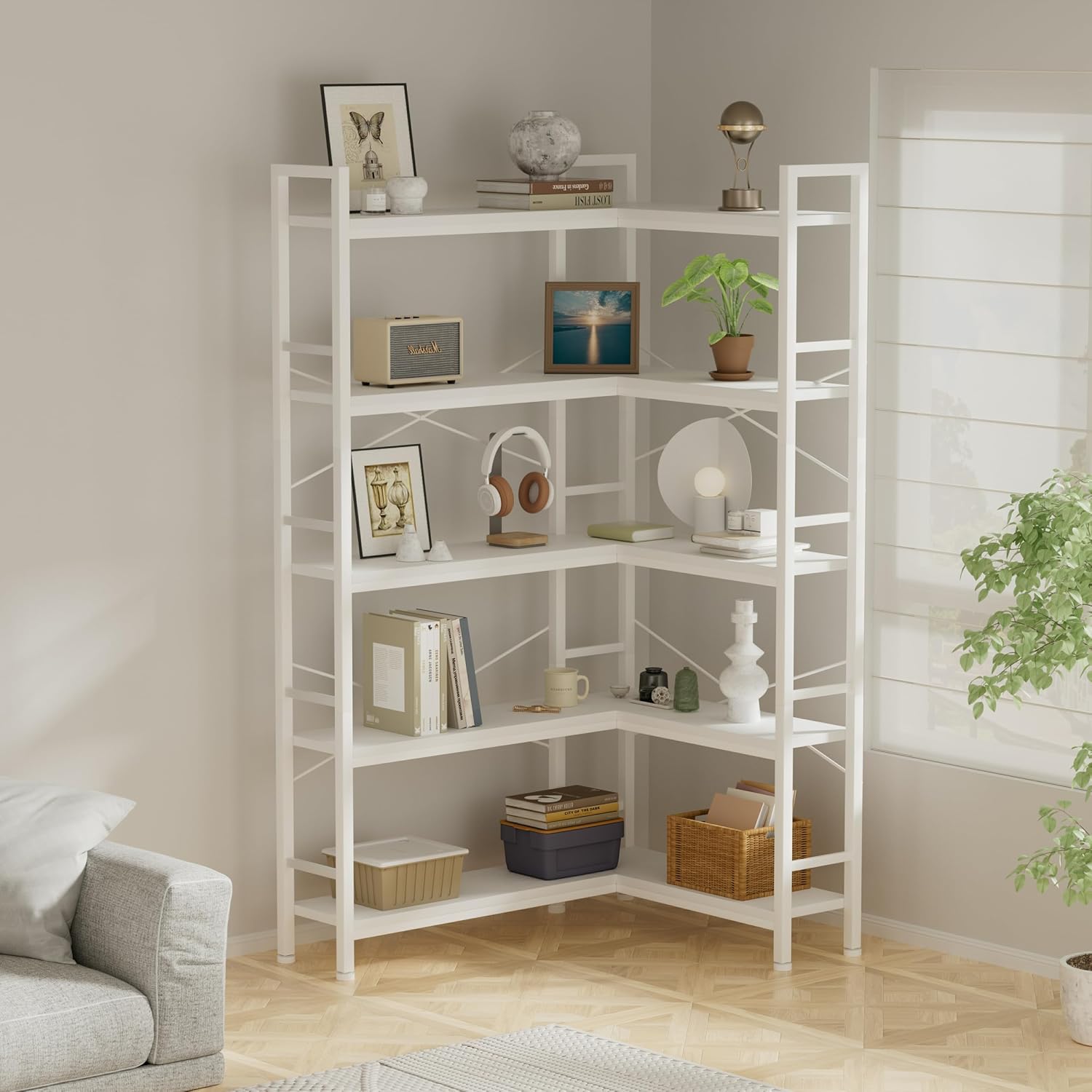 5-Shelf Corner Bookshelf, Large Open Shelf Bookcase,White Metal Frame, L-Shaped Storage Rack with Cross Braces for Living Room Home Office