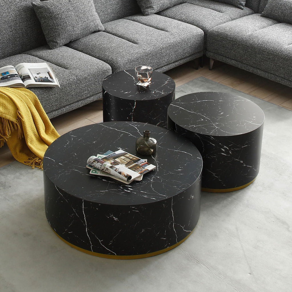 WILLIAMSPACE Wood End Table with Gold Rim Bottom & Marble Texture, Round Side Table for Small Spaces, Nightstand Sofa Table for Living Room Bedroom, ø15.75' * 19.69'H (Black)