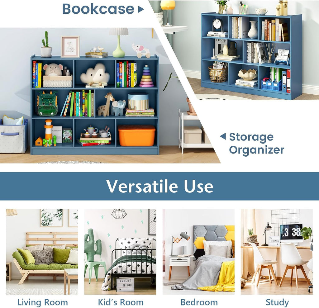 KOTEK Toy Storage Organizer, 5 Cubby Kids Bookshelf, Wooden 3-Tier Bookcase Storage Cabinet, Open Display Book Shelf for Daycare, Nursery, School Classroom, Living Room (Blue, 8 Cubes)