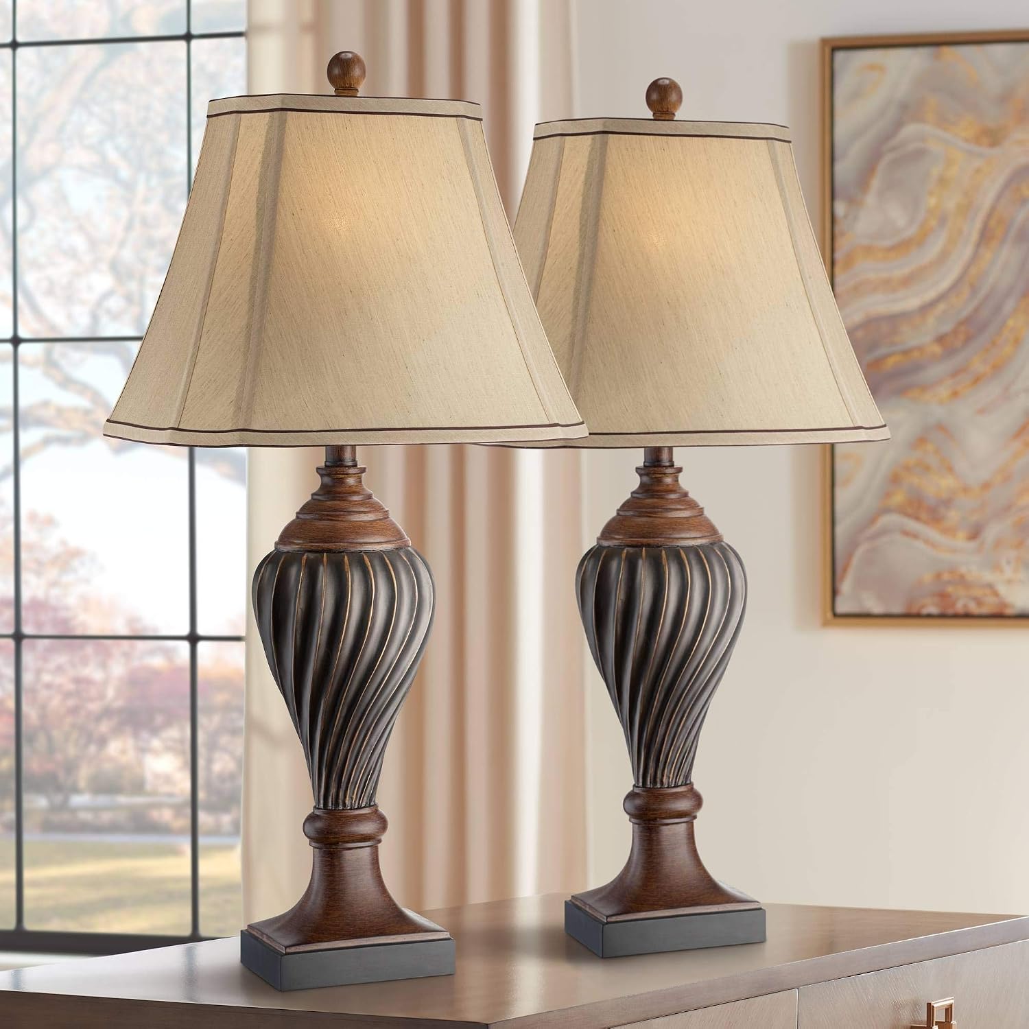 Regency Hill Carved 28 1/2' Tall Urn Traditional End Table Lamps Set of 2 Two-Tone Brown Finish Beige Shade Living Room Bedroom Bedside Nightstand House Office Home Kitchen Entryway Console Family