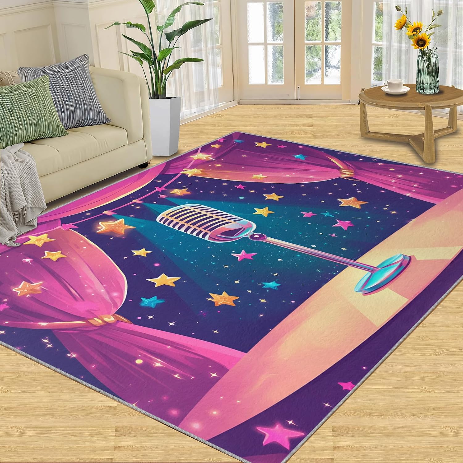 Microphone Area Rug 5x7-5x7 Rug, Cartoon Stars Area Rugs for Living Room, Music Washable Rugs for Bedroom, Kids Carpet, Musical Carpet - Microphone Home Decor & Gift