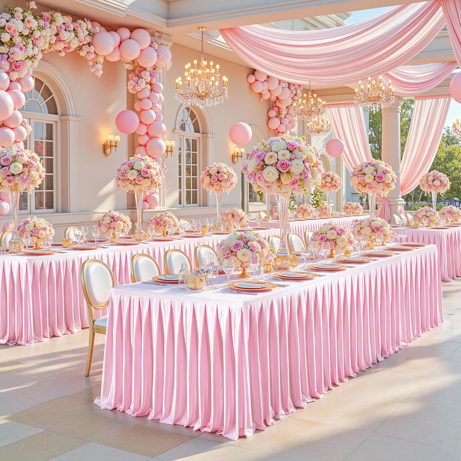 6 Pack 6FT Pink Satin Tablecloths for Rectangle Tables - Shiny Spandex Party Table Cover with Pleated Table Skirt, No-Wrinkle & Glossy Wedding Tablecloth One-Piece for Birthday Baby Shower Ceremony
