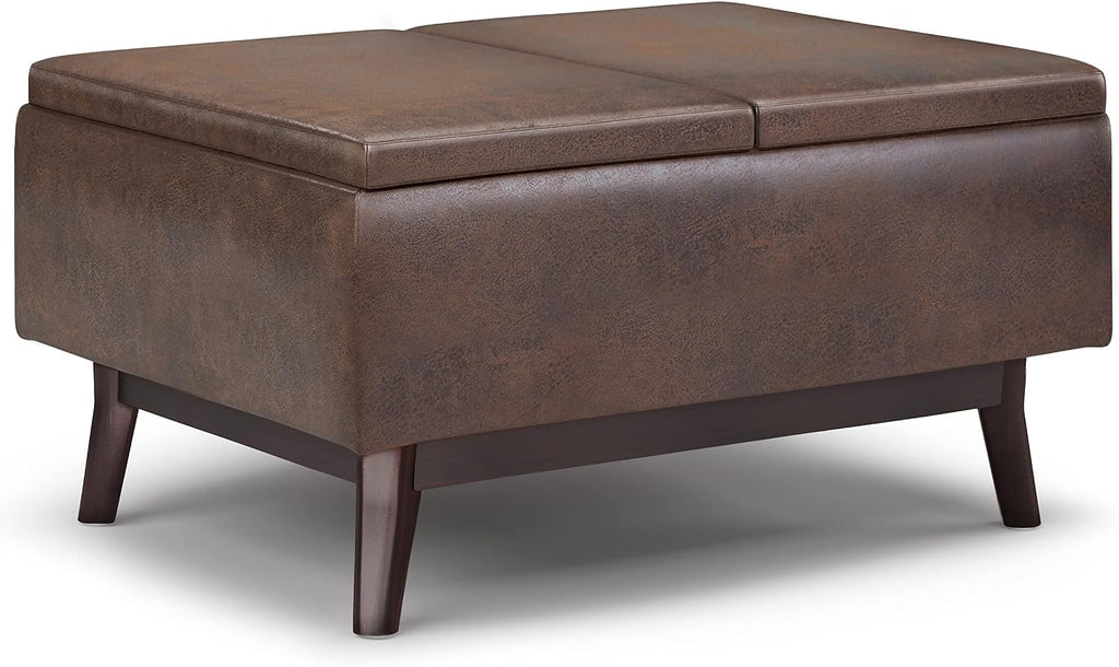 SIMPLIHOME Owen Tray Top Small Coffee Table Storage Ottoman - 34 inch Wide Upholstered Vegan Leather Rectangular Flip-Top Ottoman in Distressed Chestnut Brown, Mid-Century Ottoman for Living Room