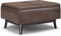 SIMPLIHOME Owen Tray Top Small Coffee Table Storage Ottoman - 34 inch Wide Upholstered Vegan Leather Rectangular Flip-Top Ottoman in Distressed Chestnut Brown, Mid-Century Ottoman for Living Room
