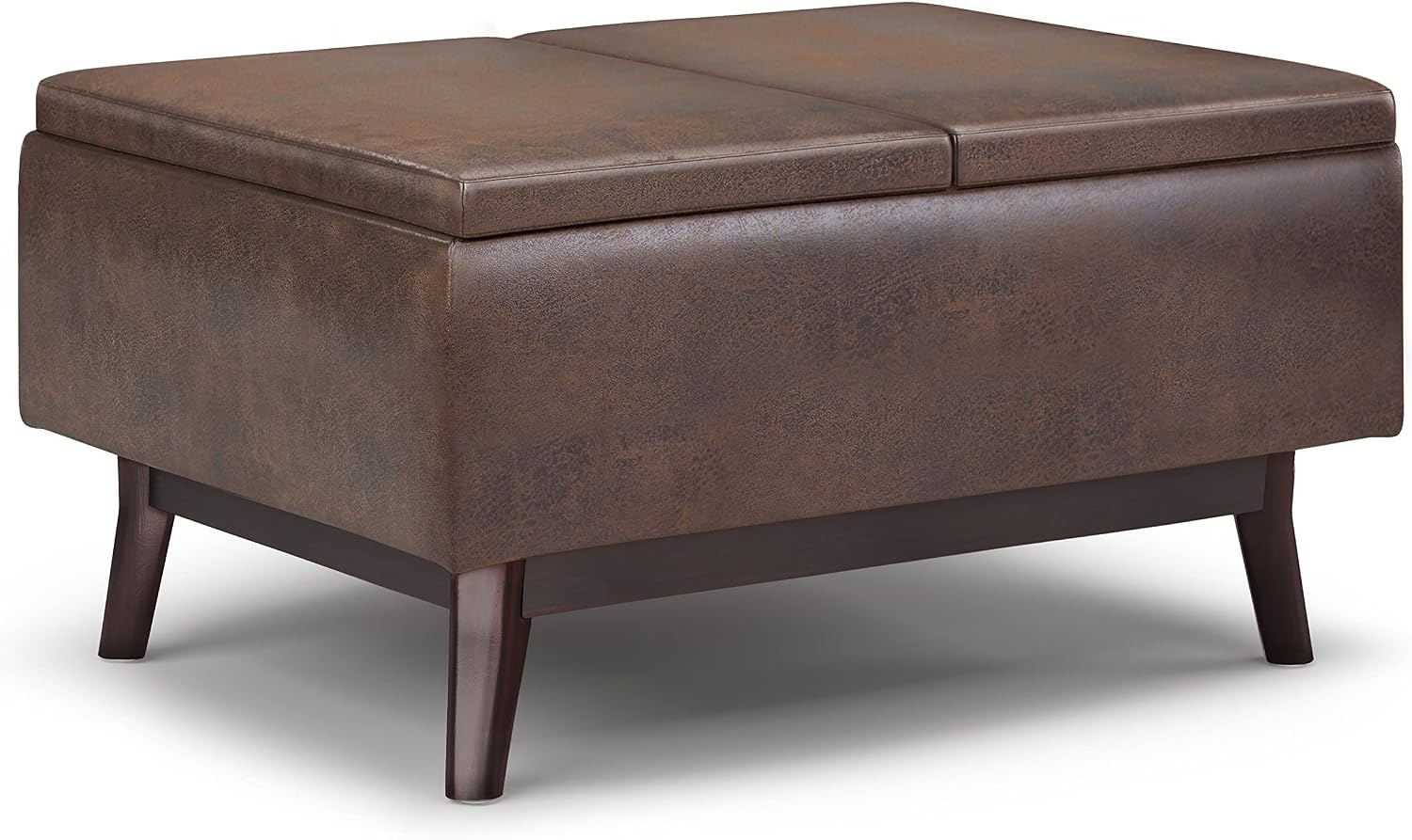 SIMPLIHOME Owen Tray Top Small Coffee Table Storage Ottoman - 34 inch Wide Upholstered Vegan Leather Rectangular Flip-Top Ottoman in Distressed Chestnut Brown, Mid-Century Ottoman for Living Room