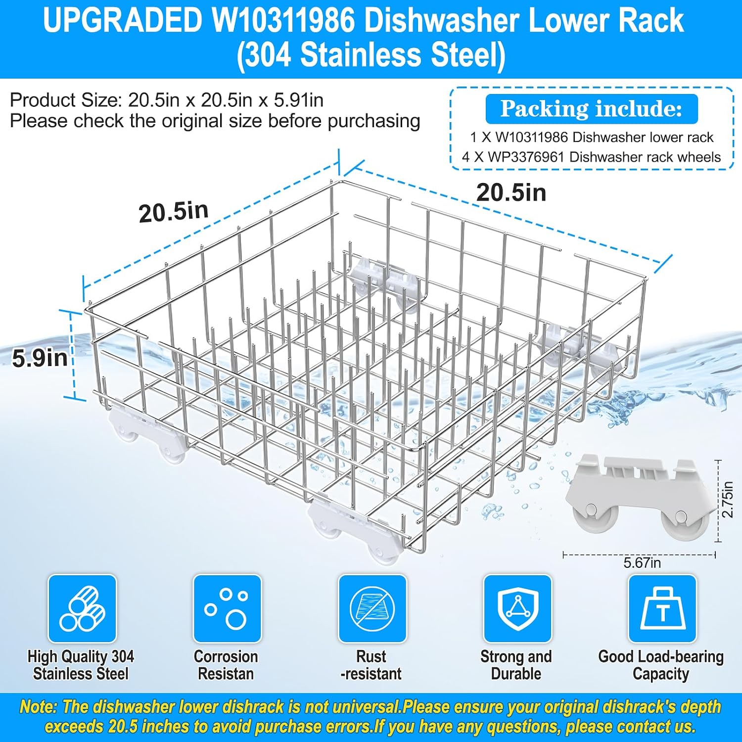 UPGRADED W10311986 W10380384 Dishwasher Lower Dishrack for Whirlpool Kenmore Dishwasher Rack Replacement Parts,304 Stainless Steel W10311986 W11158802 Whirlpool Dishwasher Rack with Wheel Bottom Rack