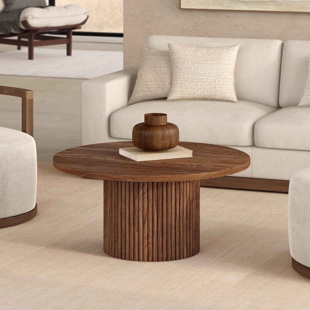 Henn&Hart 32' Fluted Round Wooden Pedestal Low-Profile Coffee Table for Living Room, Family Room, Office, or Apartment, Medium Walnut