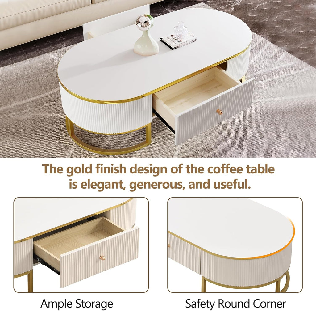 Modern Oval Coffee Table with Drawers,Curved Profile Design, Gold Metal Decor, Center Table for Living Room in 47.2'