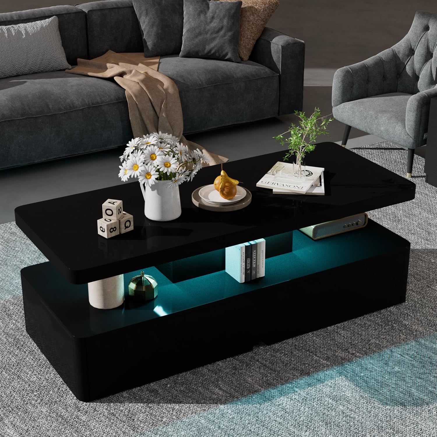 40' Modern Living Room Tables, LED Coffee Table with LED Lights, 2 Tier Rectangular Center Table with Large Storage, High Glossy Surface, Tea Table for Living Room, Black