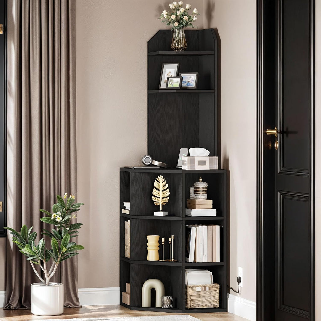 GOOBED Corner Shelf Cabinet, Industrial Corner Storage Rack with Charging Station, Wooden Display Bookshelf Bookcase for Living Room, Bedroom, Dining Room, Kitchen, Black