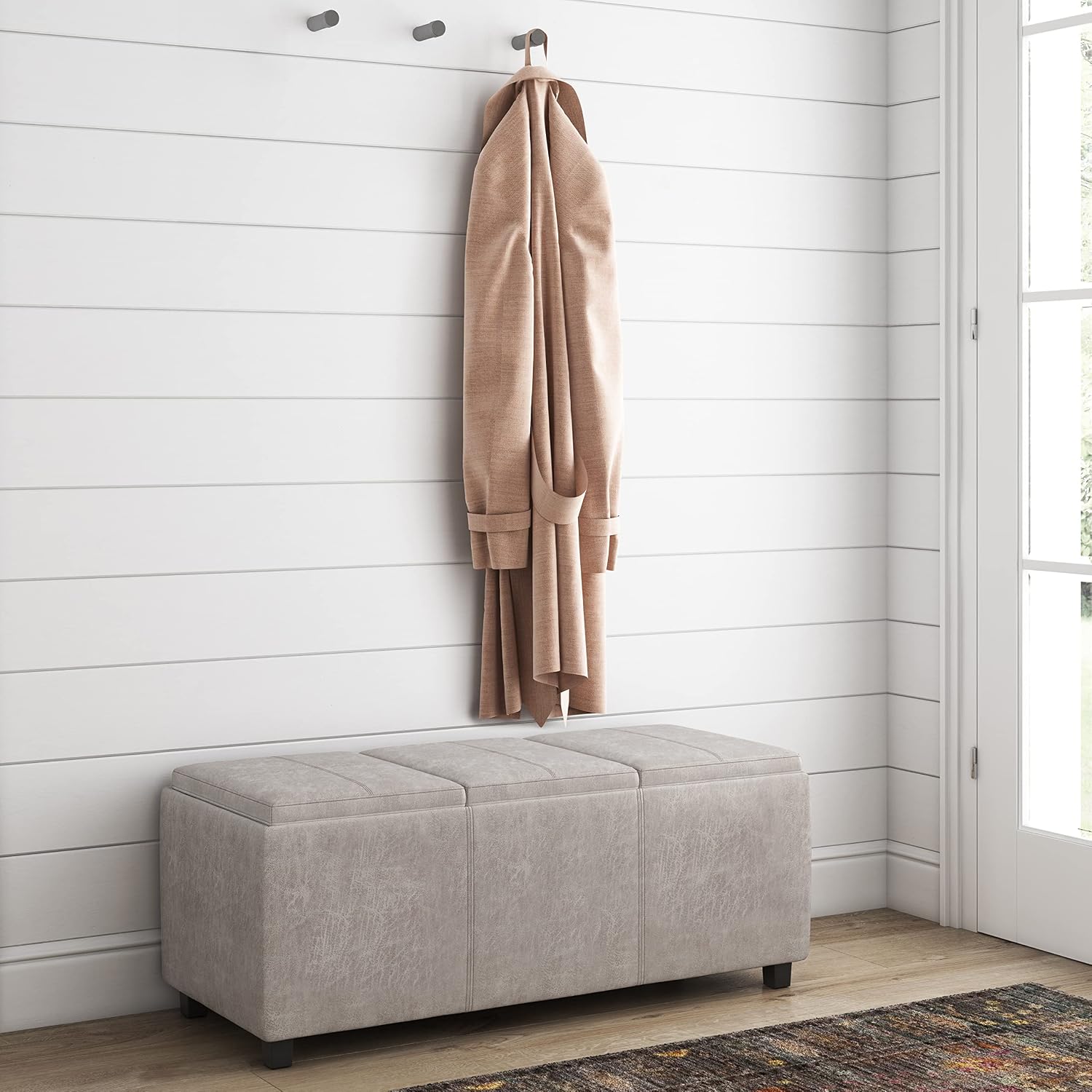 SIMPLIHOME Avalon Storage Ottoman - 42 inch Wide Upholstered Vegan Leather Rectangular Flip-Top Ottoman in Distressed Grey Taupe, Contemporary Coffee Table Ottoman for Living Room with Hidden Storage