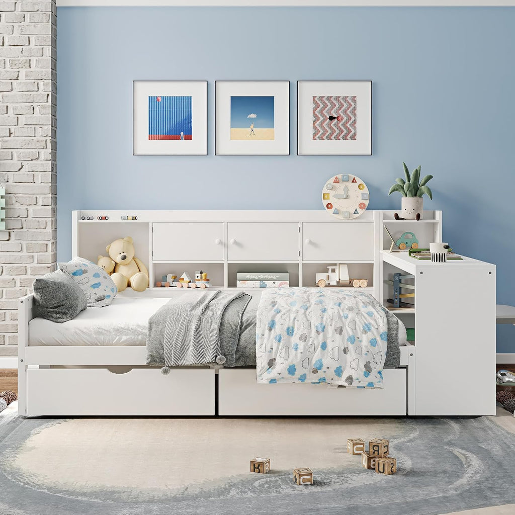 Mirightone Full Bed Frames with Storage, L-Shaped Corner Beds with Desk, Wood Daybed with Bookcase, Platform Beds with Drawers and Shelves for Living Room, Bedroom, Teens Room, White