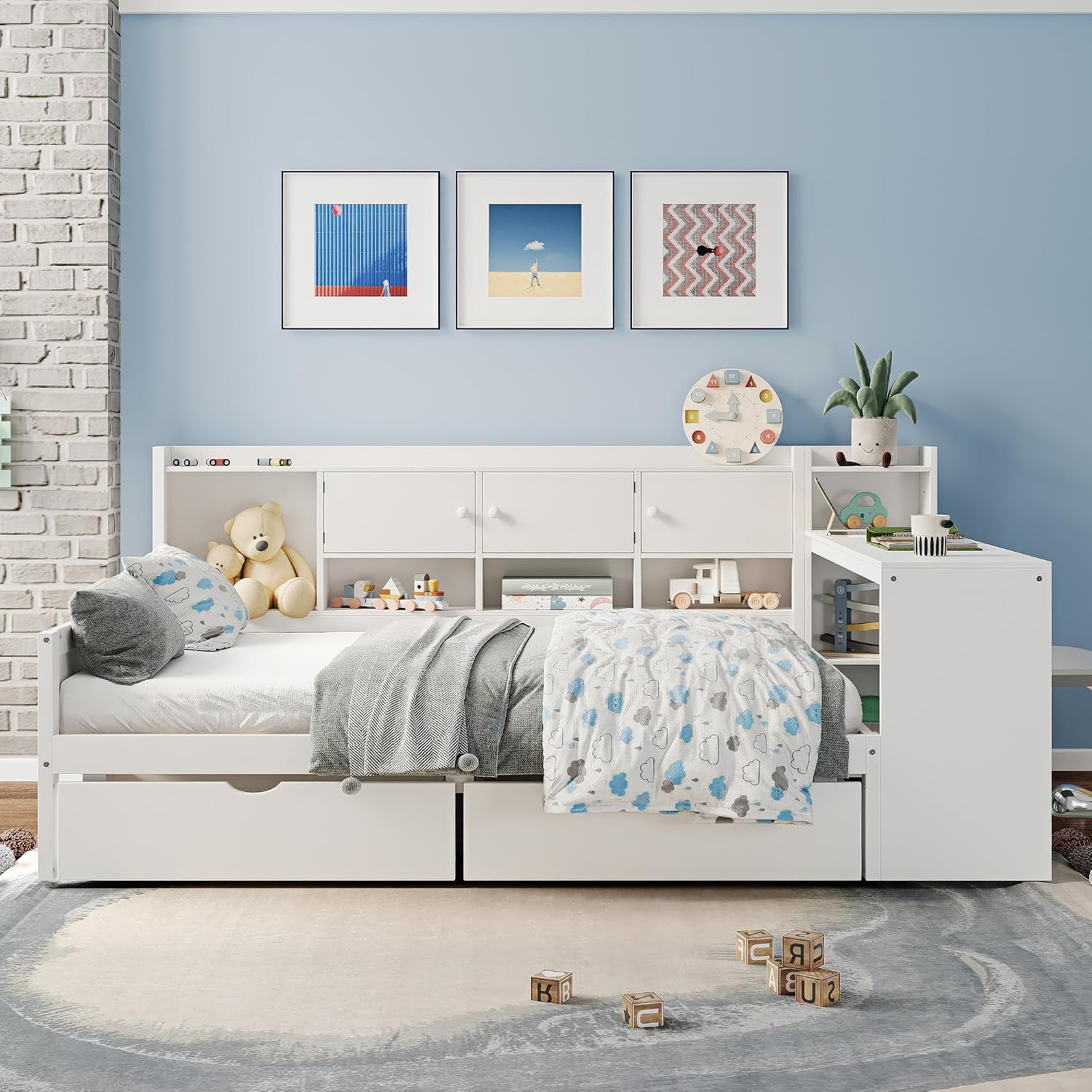 Mirightone Full Bed Frames with Storage, L-Shaped Corner Beds with Desk, Wood Daybed with Bookcase, Platform Beds with Drawers and Shelves for Living Room, Bedroom, Teens Room, White