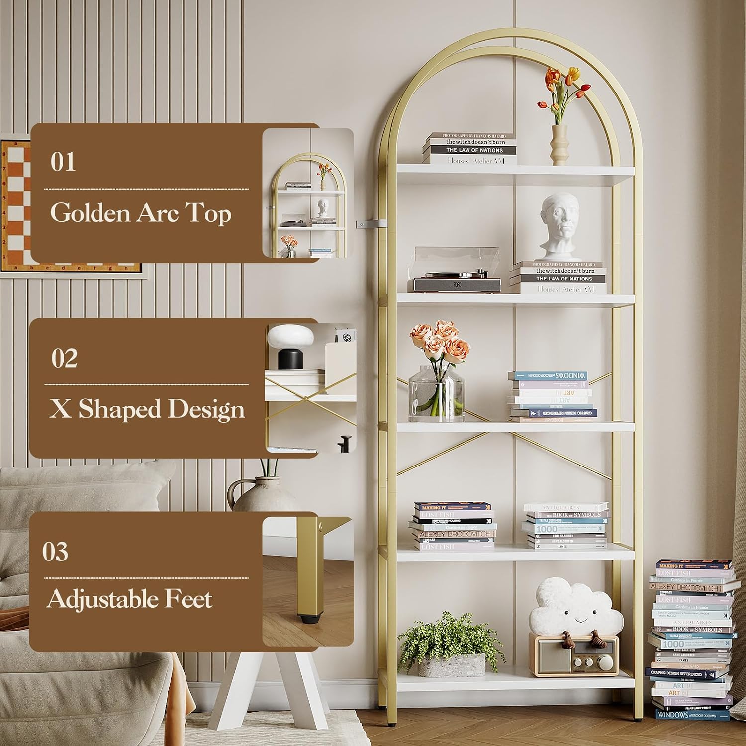 Takywep Bookshelf, Arched Bookcase with Metal Frame 5 Tiers Bookshelf Industrial Arched Cabinet Display Shelf Floorstanding Storage Shelving Unit for Bedroom Living Room Home Office, White and Gold