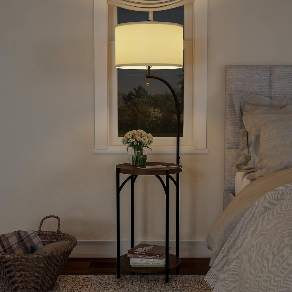 Lavish Home Floor Lamp with End Table - Modern Rustic Side Shelves with USB Charging Port, LED Light Bulb, and Drum-Shaped Shade - Standing Lights