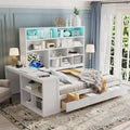 SOFTSEA Full Size Corner Day Bed with Drawers, Desk & Bookcase, Wood L Shaped Daybed with LED Lights and USB Ports for Kids Teens Adults, No Box Spring Needed, White