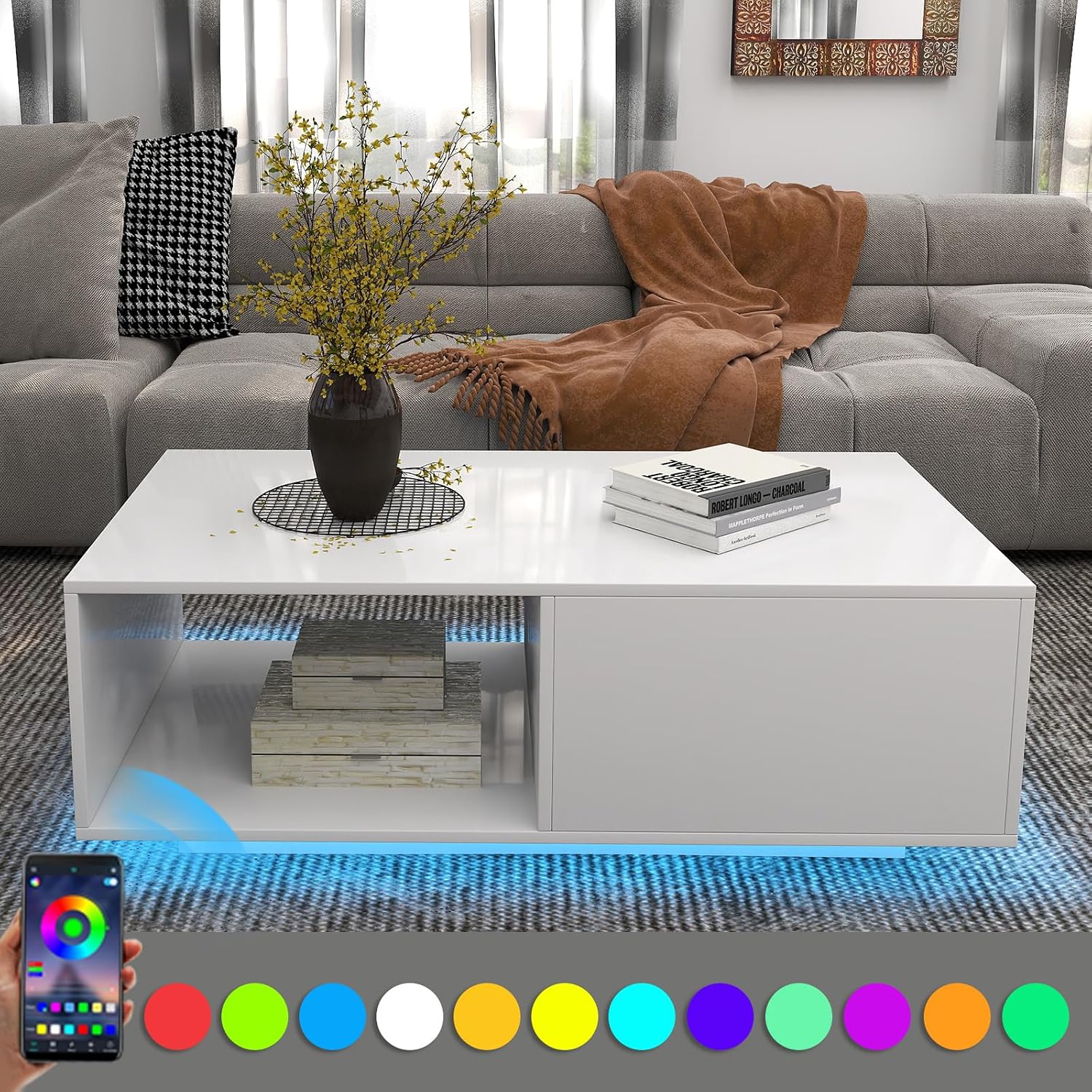 LED White Coffee Table for Living Room with Drawer & 16 Colors Lights, 43.3IN High Gloss Modern Coffee Table with Storage Space, Rectangle Side Central Table