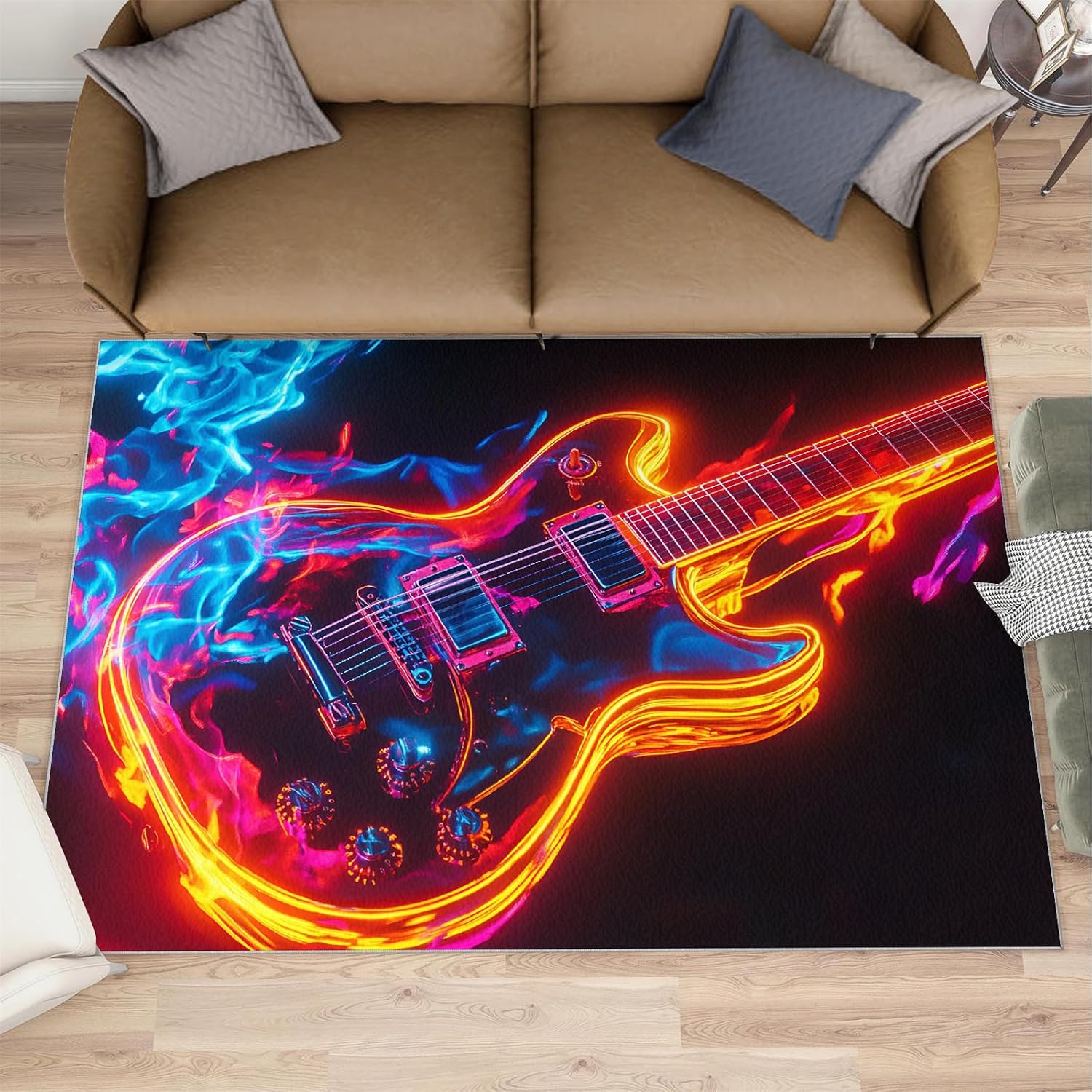 Guitar Rug 5x7-5x7 Rug, Ice and Fire Area Rugs for Living Room, Music Washable Area Mat for Bedroom, Rock and Roll Carpet, Musical Carpet - Guitar Home Decor & Gift