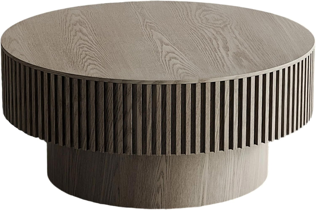 31.5'' Round Coffee Table Modern Wood Coffee Table with Storage Space for Living Room, Contemporary Circle Fluted Drum Pedestal Style, Easy Assembly, Gray (ø31.49'' x 14'')