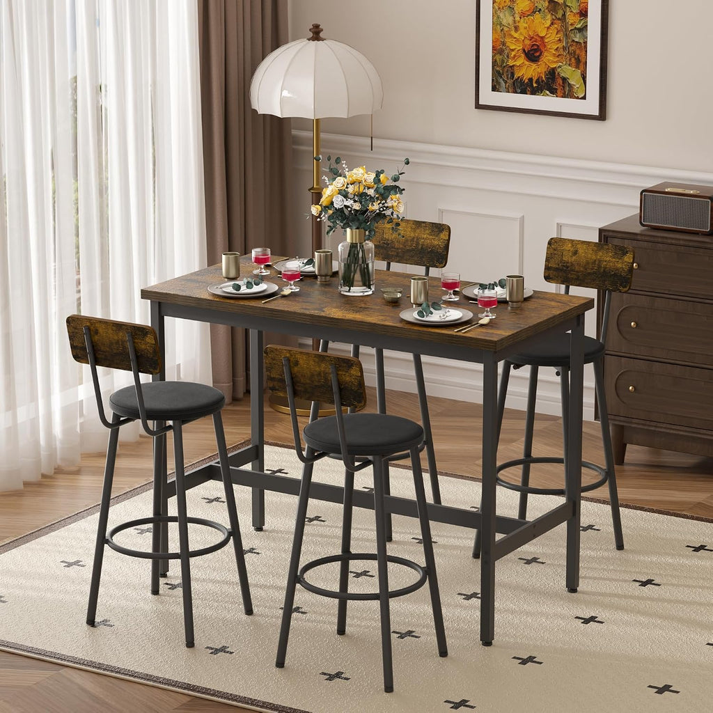 Elevon 47 in Long Bar Table Set with 4 PU Leather Bar Stools, Dining Table and Chair Sets, Industrial Tall Coffee Table and Back Chair for Kitchen, Living Room, Party Room, Pub, Brown