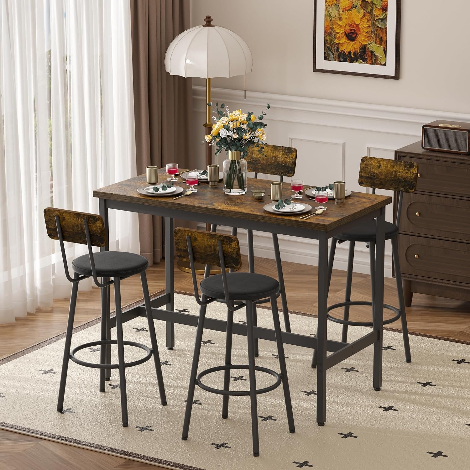 Elevon 47 in Long Bar Table Set with 4 PU Leather Bar Stools, Dining Table and Chair Sets, Industrial Tall Coffee Table and Back Chair for Kitchen, Living Room, Party Room, Pub, Brown