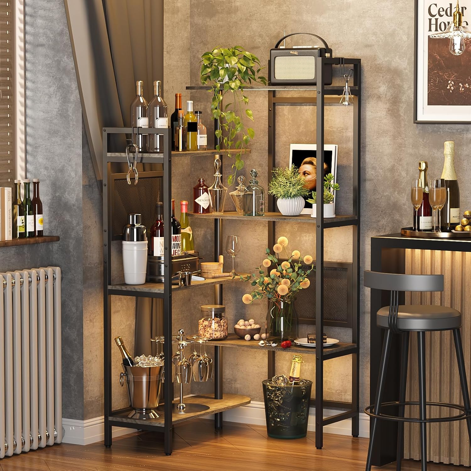 Gezen 6-Tier Industrial Bookshelf Wood Bookcase with Metal Frame, Tall Office Book Shelves Wooden Etagere Book Shelf, Open Storage Shelving Unit for Living Room/Study Room/Bedroom(Black Oak)