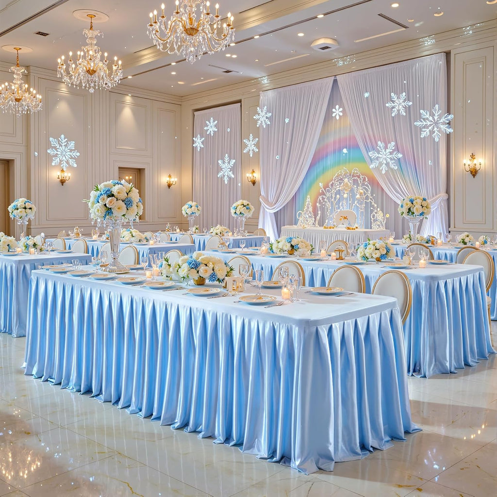 6 Pack 8FT Blue Satin Tablecloths for Rectangle Tables - Shiny Spandex Party Table Cover with Pleated Table Skirt, No-Wrinkle & Glossy Wedding Tablecloth One-Piece for Birthday Baby Shower Banquet