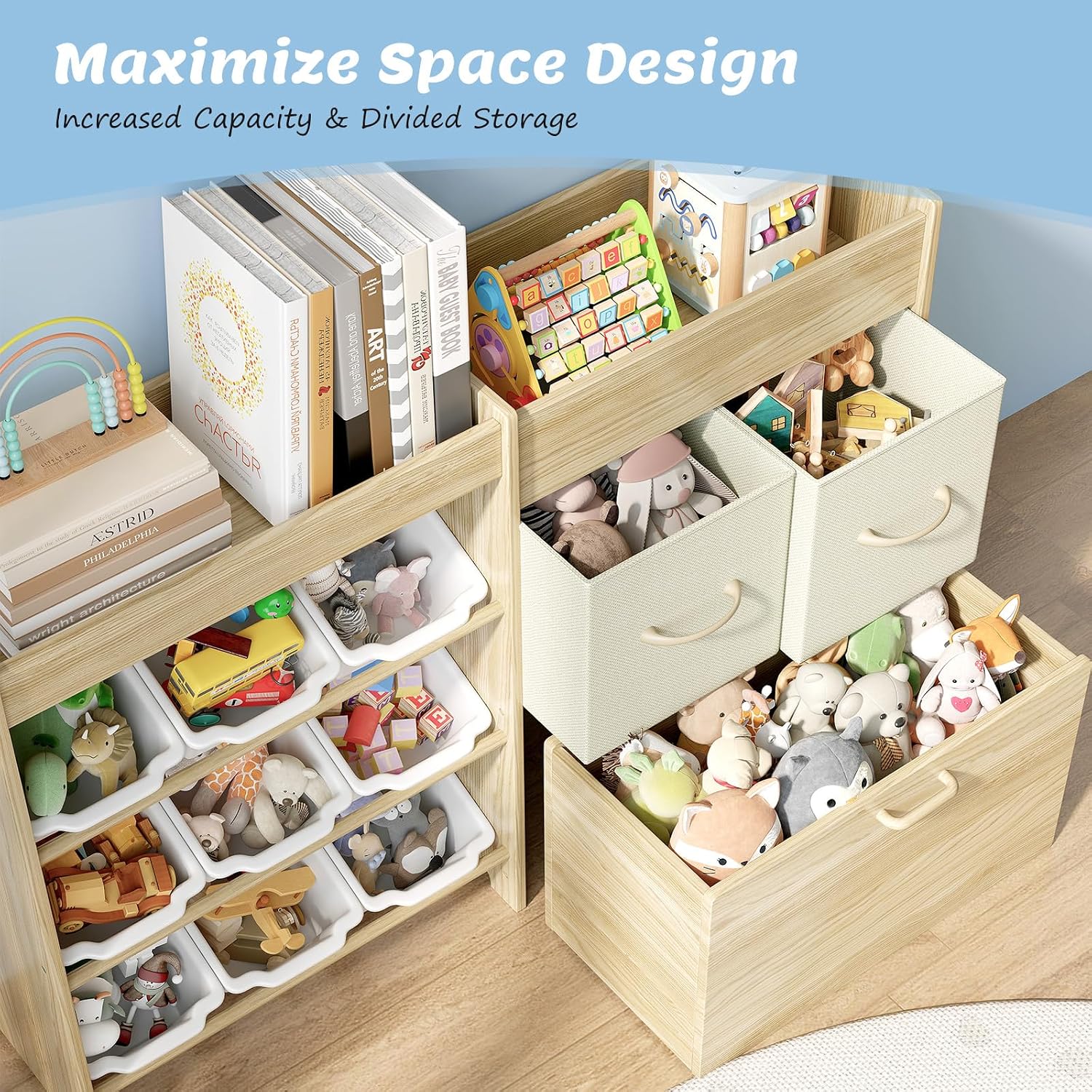 EXPERLAM Toy Storage Organizer for Kids, 9-Bin Toy Organizer with 2-Drawers, Movable Toy Chest and Top Rack, Multifunctional Kids Bookshelf and Toy Storage for Playroom, Bedroom, Nursery, White