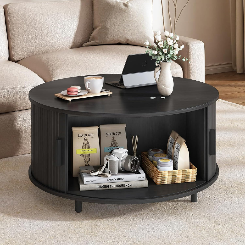 31.5 Inch Round Coffee Table, Fluted Coffee Tables with Storage, Mid-Century Modern Center Tables, Living Room Table with Sliding Door and Wood Handle for Living Room, Black