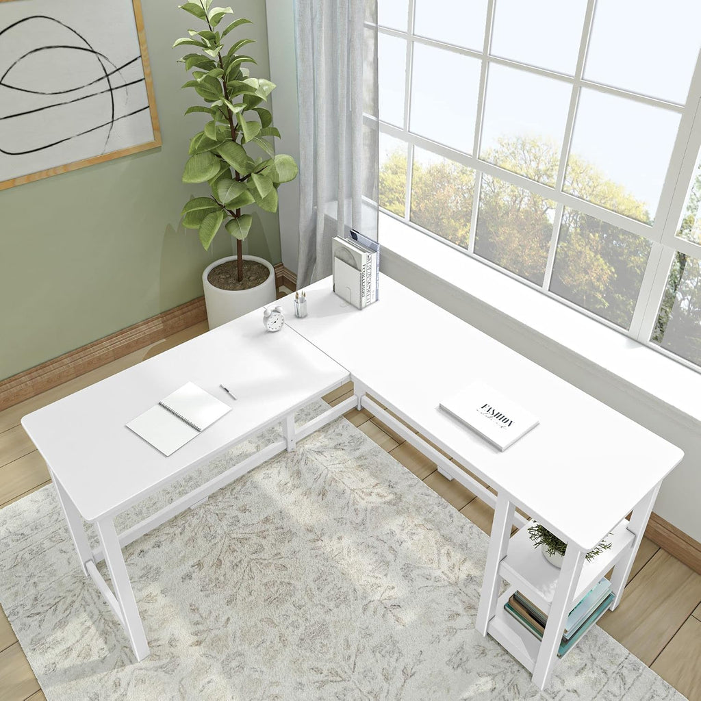 Plank+Beam Corner Desk with Shelves, L-Shaped Desk for Bedroom, Home Office Study Desk, 55.25 Inch, White