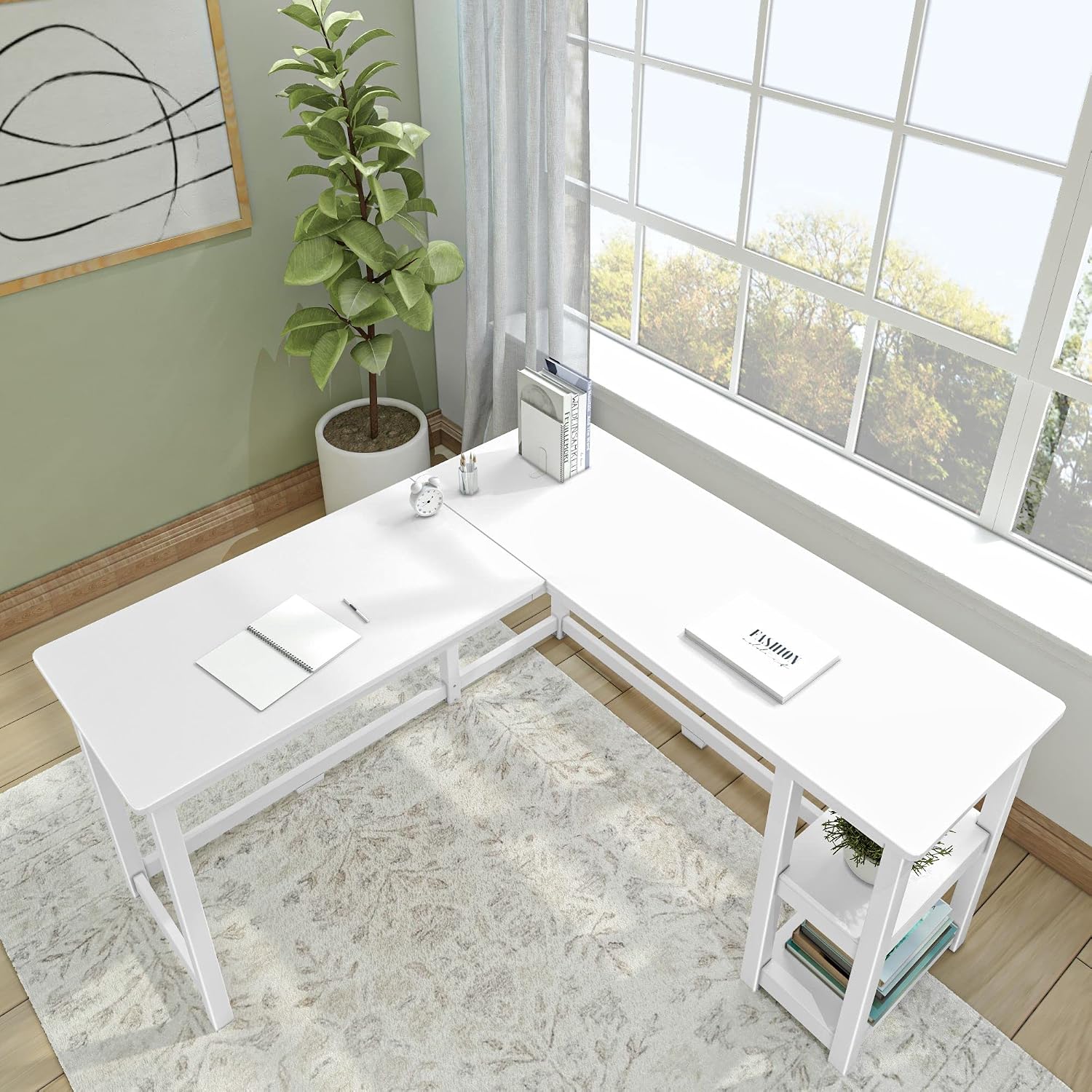 Plank+Beam Corner Desk with Shelves, L-Shaped Desk for Bedroom, Home Office Study Desk, 55.25 Inch, White