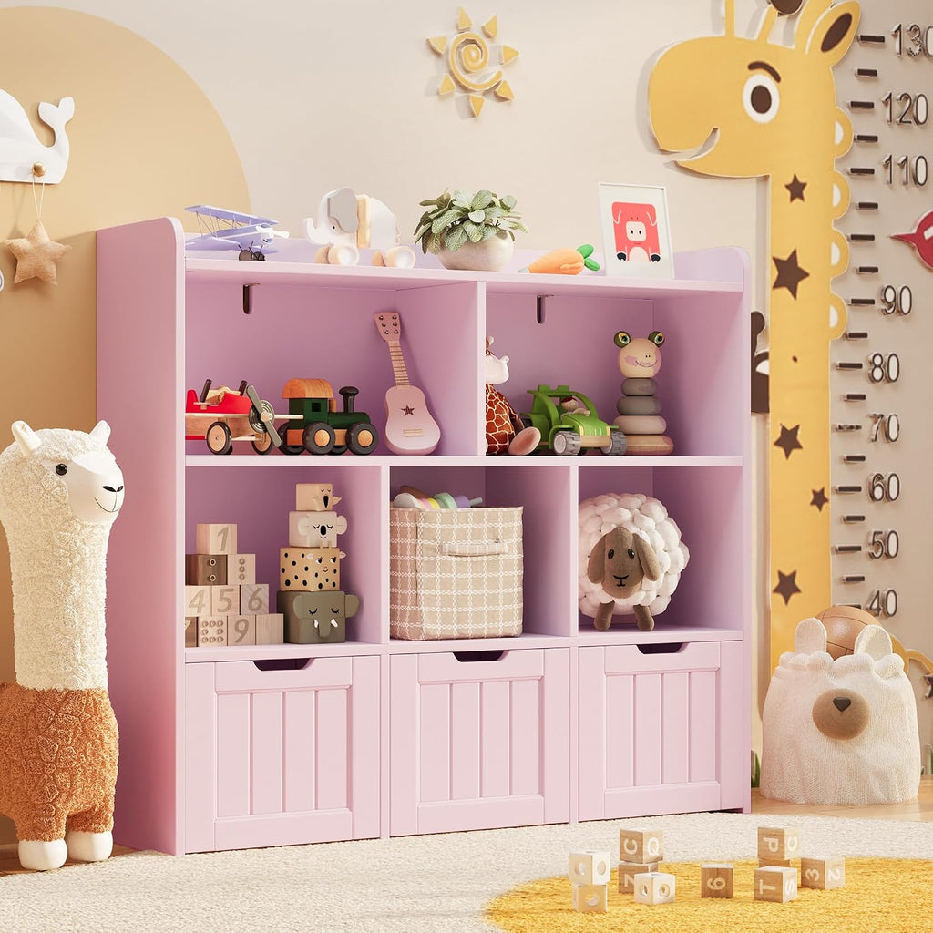 Gizoon Toy Storage Organizer with 3 Movable Drawers and 6 Open Shelves Kids Bookshelf Featuring Fall Prevention Barrier for Playroom Nursery Kids Room Organization, Pink, Painted