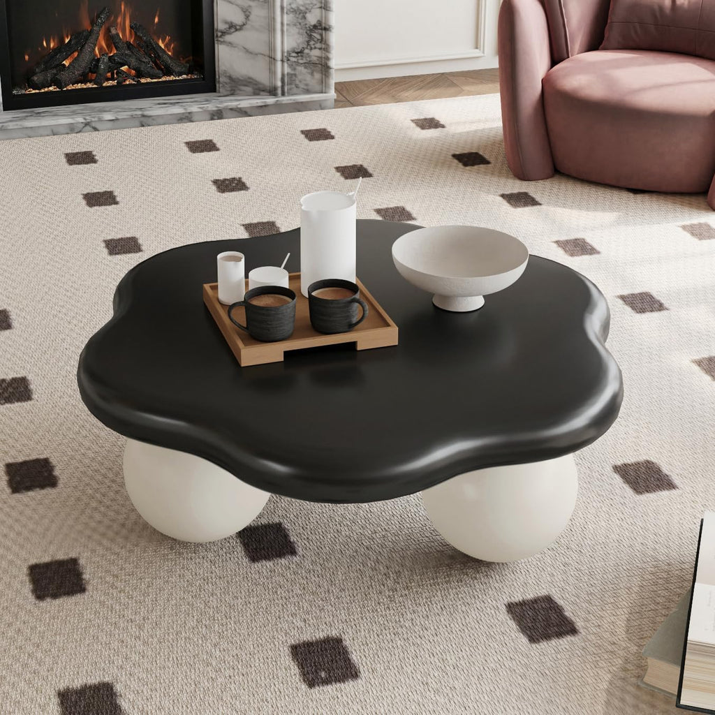 35.03' Cloud Coffee Table for Living Room Unique Coffee Table Modern Low Coffee Tables Cute Center Table with 3 Ball Legs for Small Space Apartment Cream Flower- Black & White