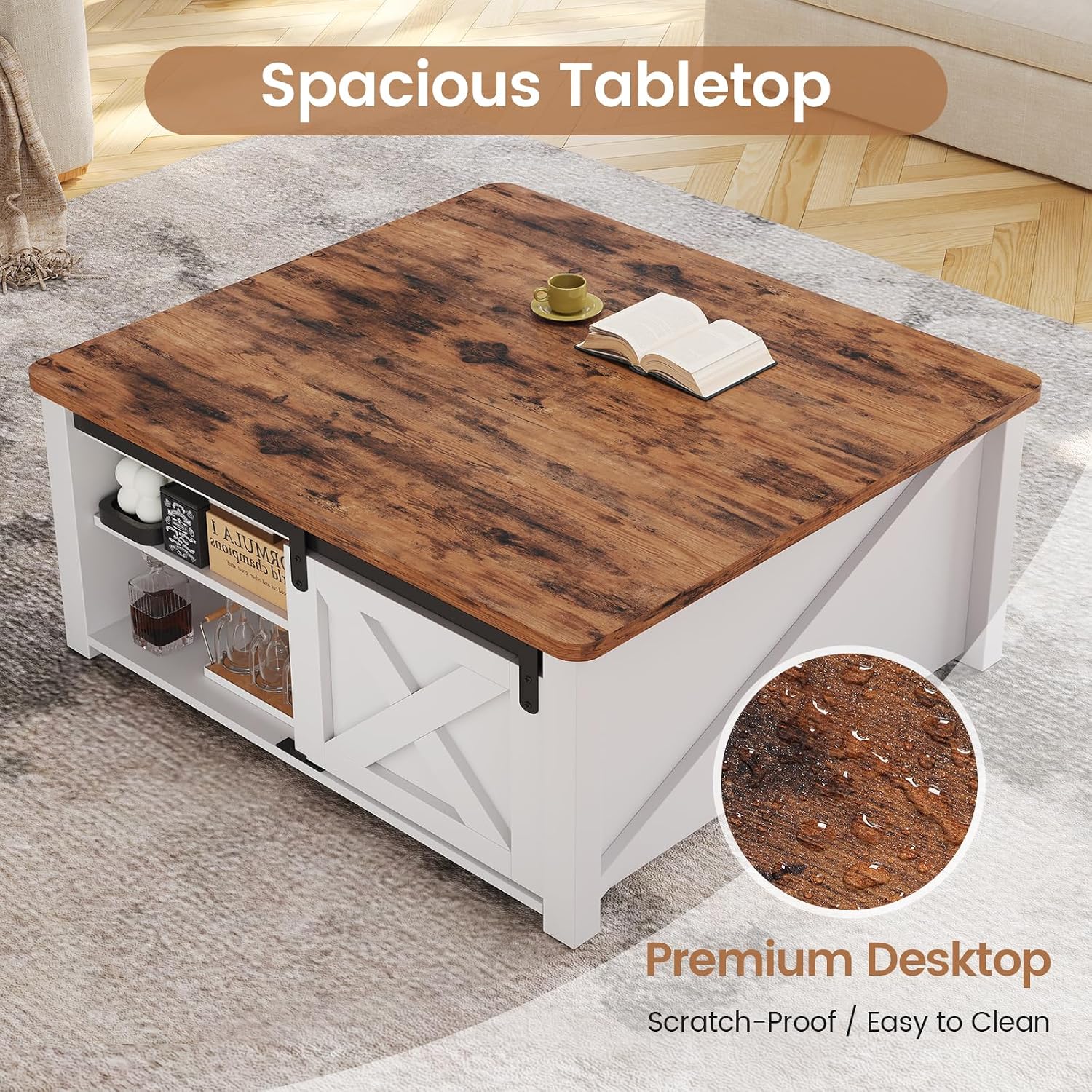 SEDETA 31.5' Lift Top Coffee Table with Storage, Square Coffee Tables for Living Room, Farmhouse Coffee Table with Large Hidden Storage Compartment and Adjustable Shelves, White