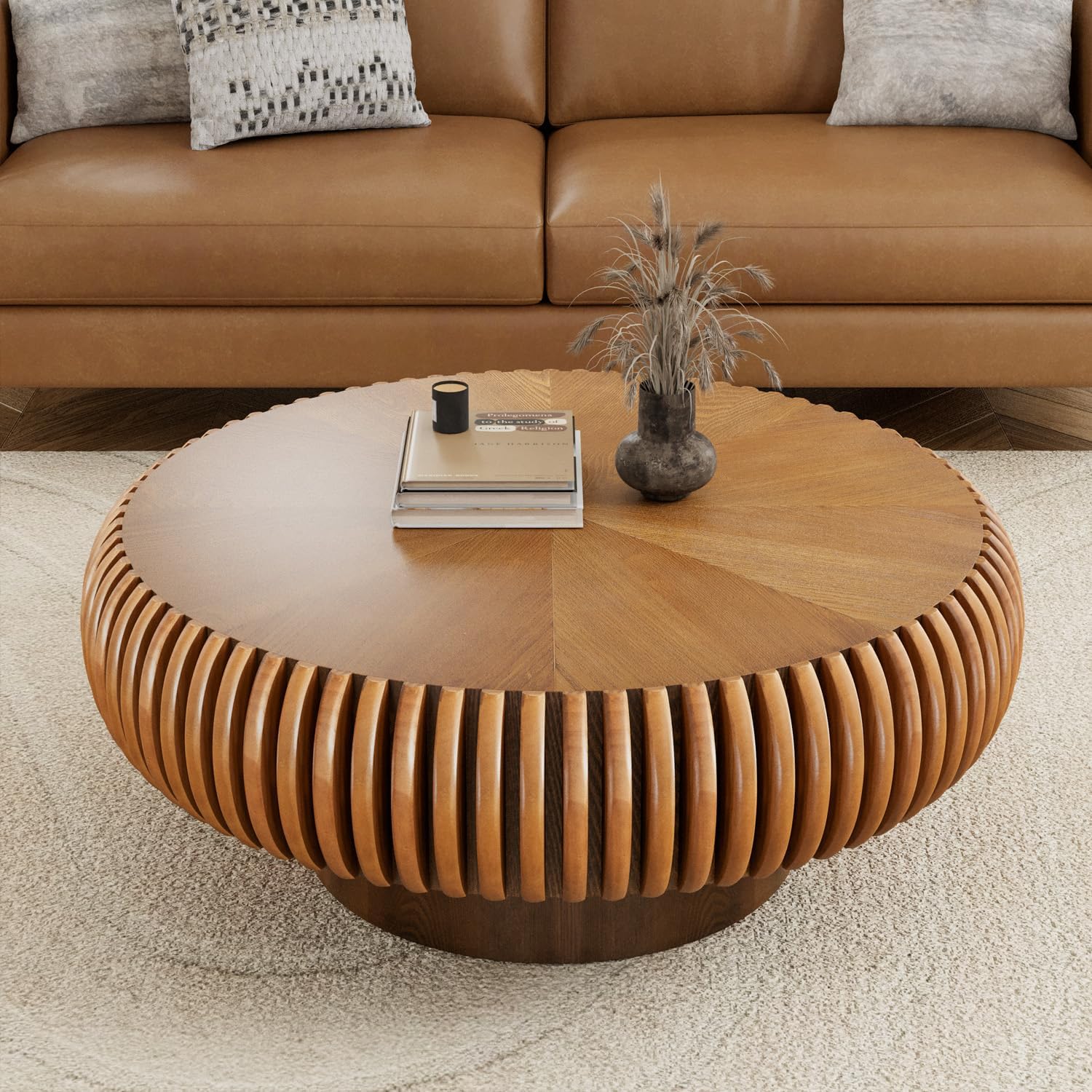 31.5' Drum Coffee Table Modern Unique Fluted Tea Table Contemporary Wood Round Coffee Table with Fluted Centry Table for Living Room Walnut (31.5' Brown)