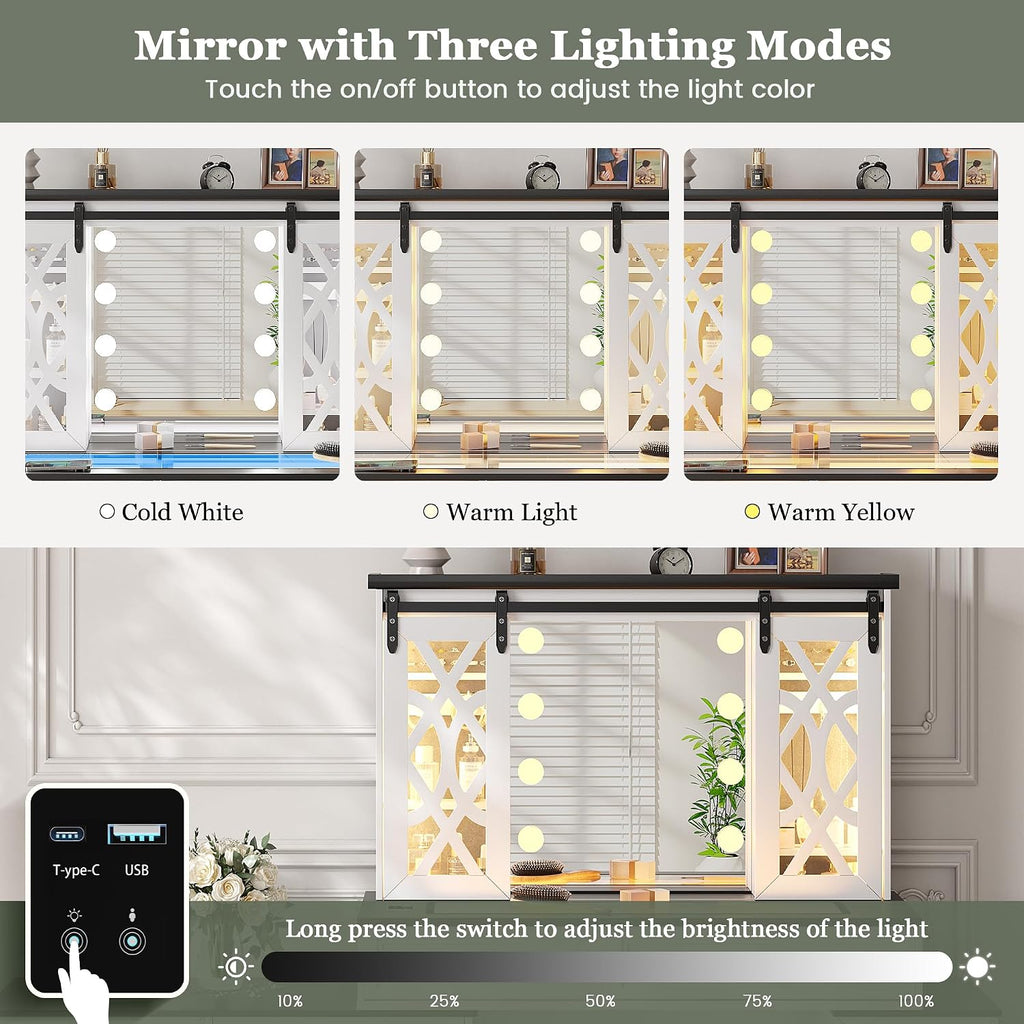 Farmhouse Makeup Vanity with Mirror & Lights, Large Vanity Desk with 5 Drawers & 9 Storage Shelves, Dressing Table with Jewelry Armoire, Vanity Gifts for Wife Girlfriends Women Lady Girl, White
