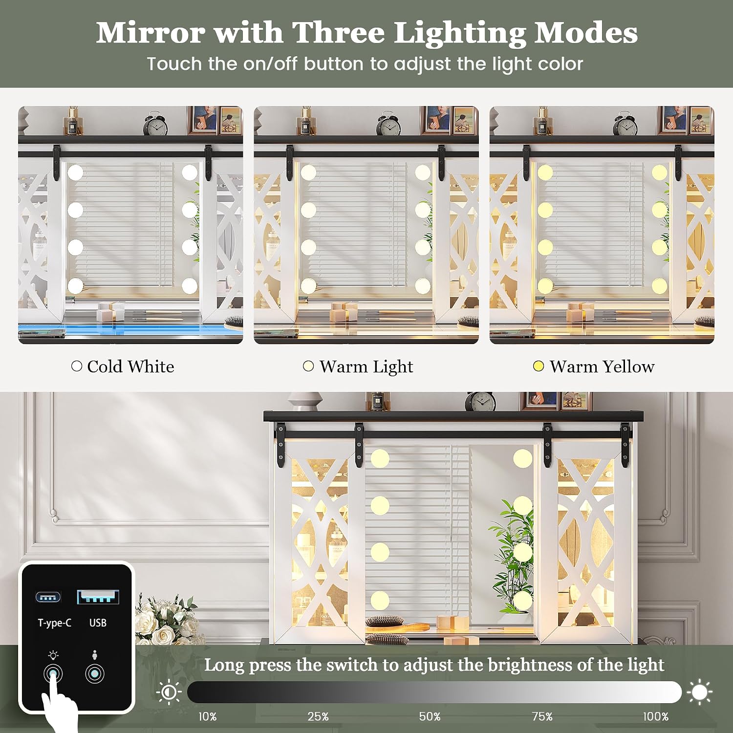 Farmhouse Makeup Vanity with Mirror & Lights, Large Vanity Desk with 5 Drawers & 9 Storage Shelves, Dressing Table with Jewelry Armoire, Vanity Gifts for Wife Girlfriends Women Lady Girl, White