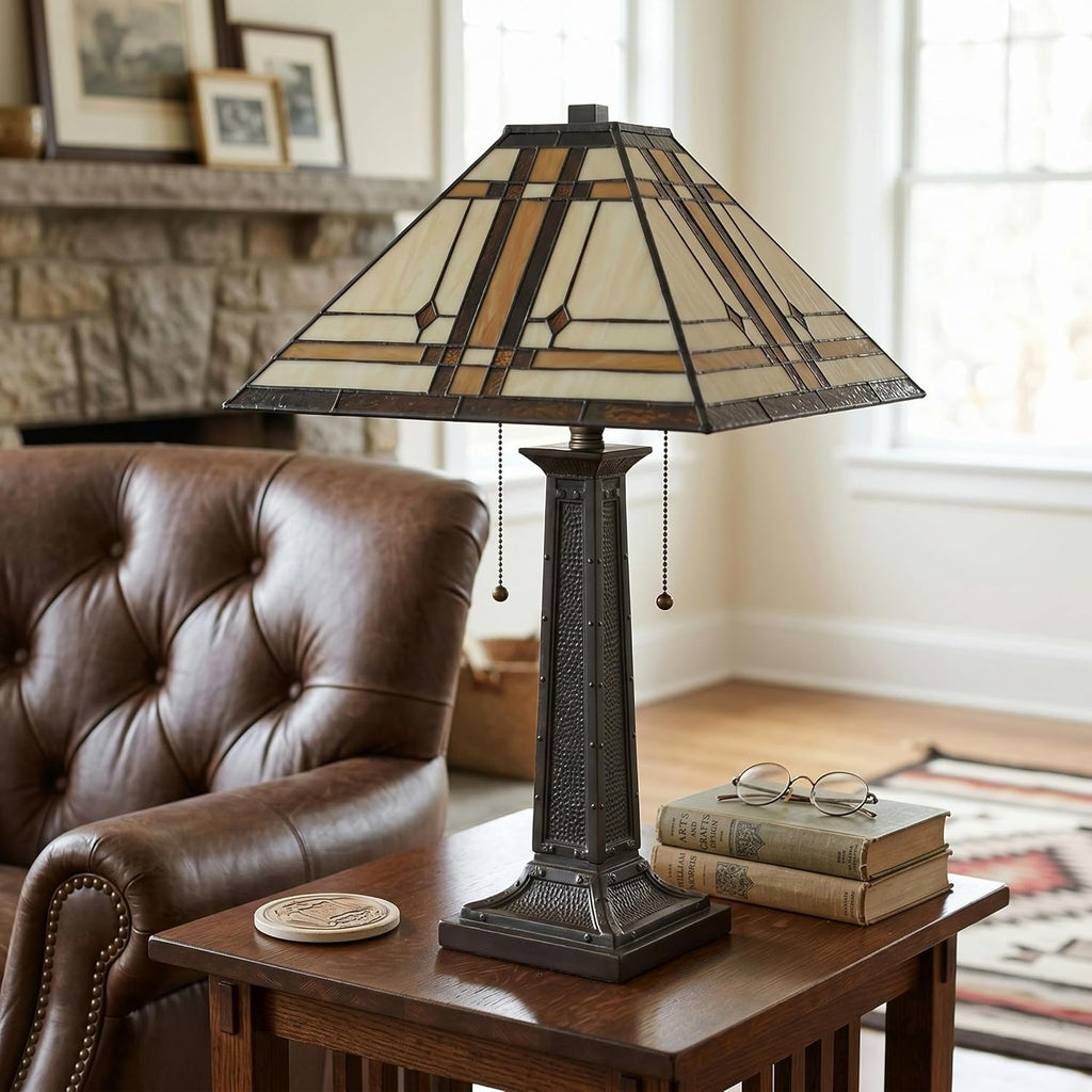 Lavish Home Tiffany-Style Table Lamp – Mission-Design Art Glass Lighting with 2 LED Bulbs Included – Vintage-Look Handcrafted Room Décor