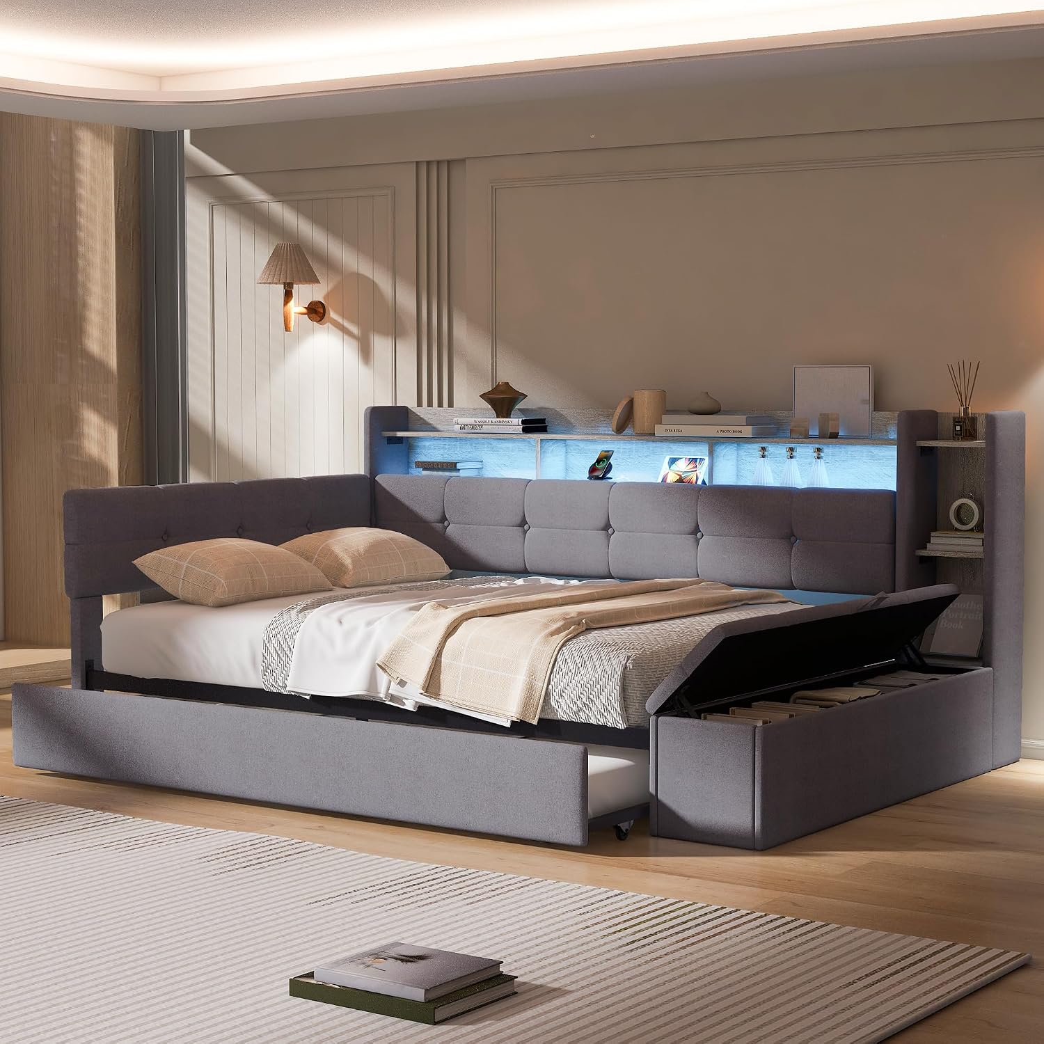 Twin Size Upholstery Daybed with Storage Footstool and Shelves, Solid Wood Platform Corner Bed with Trundle, USB Charging and LED Light for Bedroom Apartment (Grey-993)