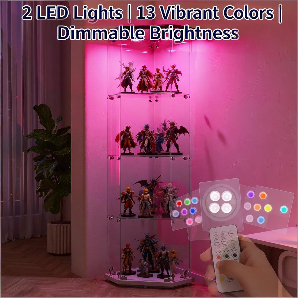 65' Corner Glass Display Cabinet with 13 Colors Lights, 4-Tier Corner Curio Cabinet Display Case with Lock for Collectibles, Home Decor Glass Shelf for Living Room, Bedroom, Office, Shop, White