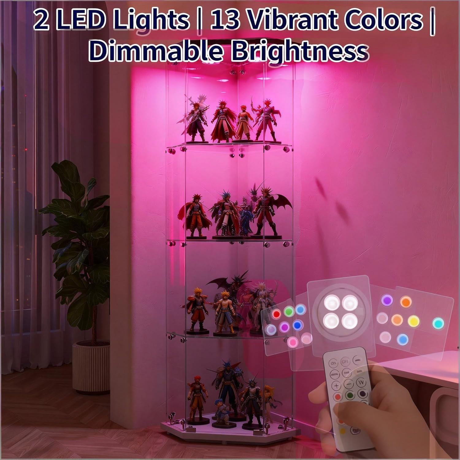 65' Corner Glass Display Cabinet with 13 Colors Lights, 4-Tier Corner Curio Cabinet Display Case with Lock for Collectibles, Home Decor Glass Shelf for Living Room, Bedroom, Office, Shop, White