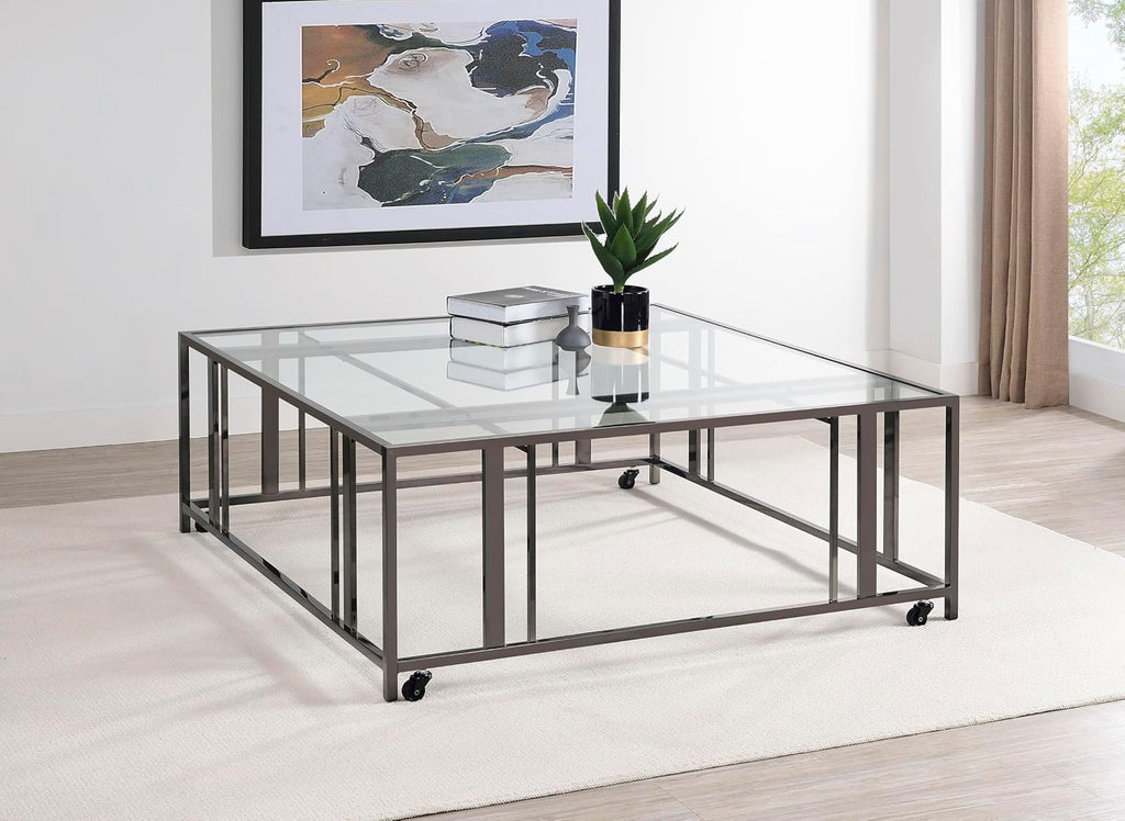 Coaster Home Furnishings - Adri - Square Glass Top Coffee Table with Geometric Base and Smooth-Rolling Casters - Contemporary - Living Room - Black Nickel - 710178