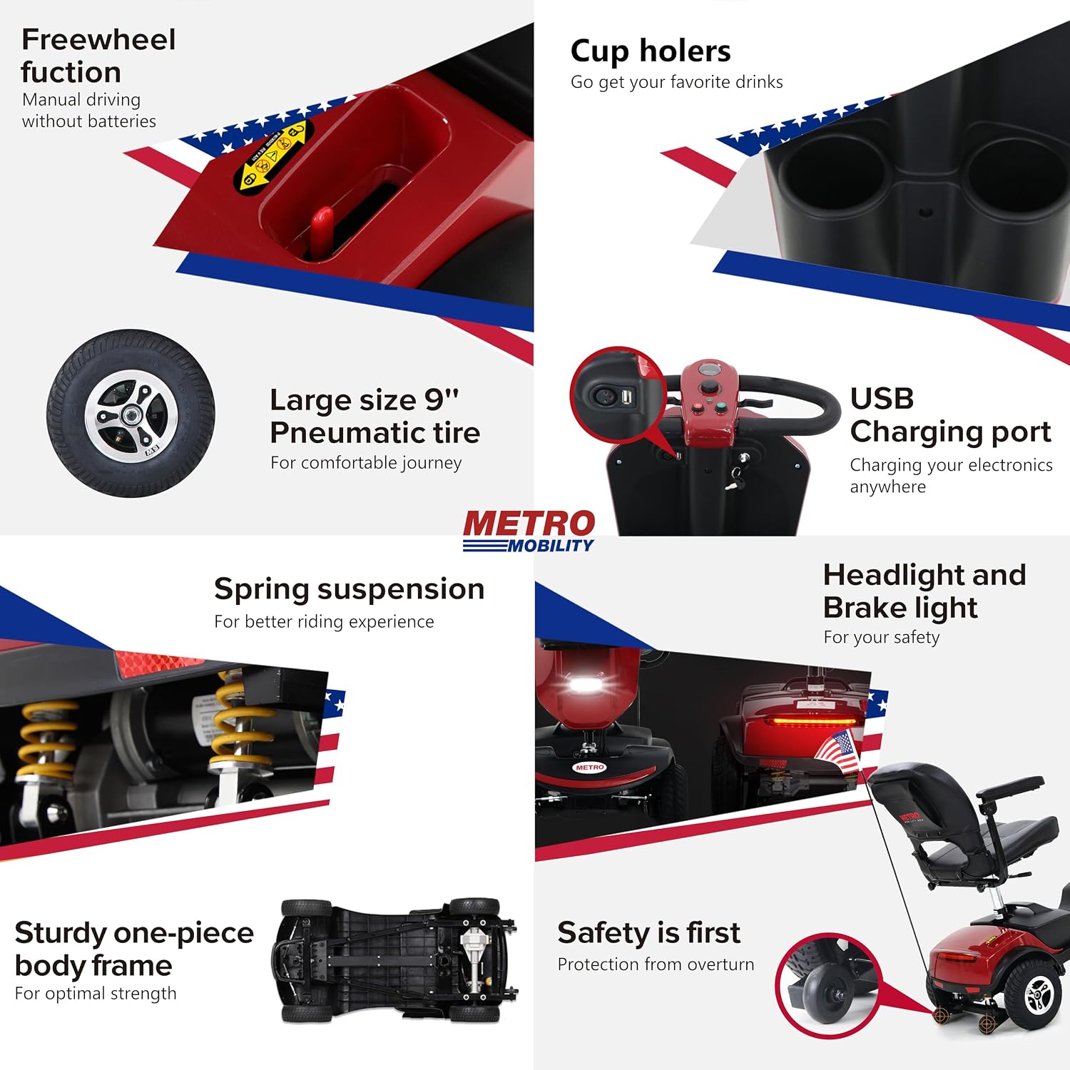Metro Mobility 4 Wheel Powered Mobility Scooters for Seniors - 300 lbs Capacity Electric Scooter with Seat for Adults, Travel - Long Range Power Extended Battery & USB Charging Port - Red