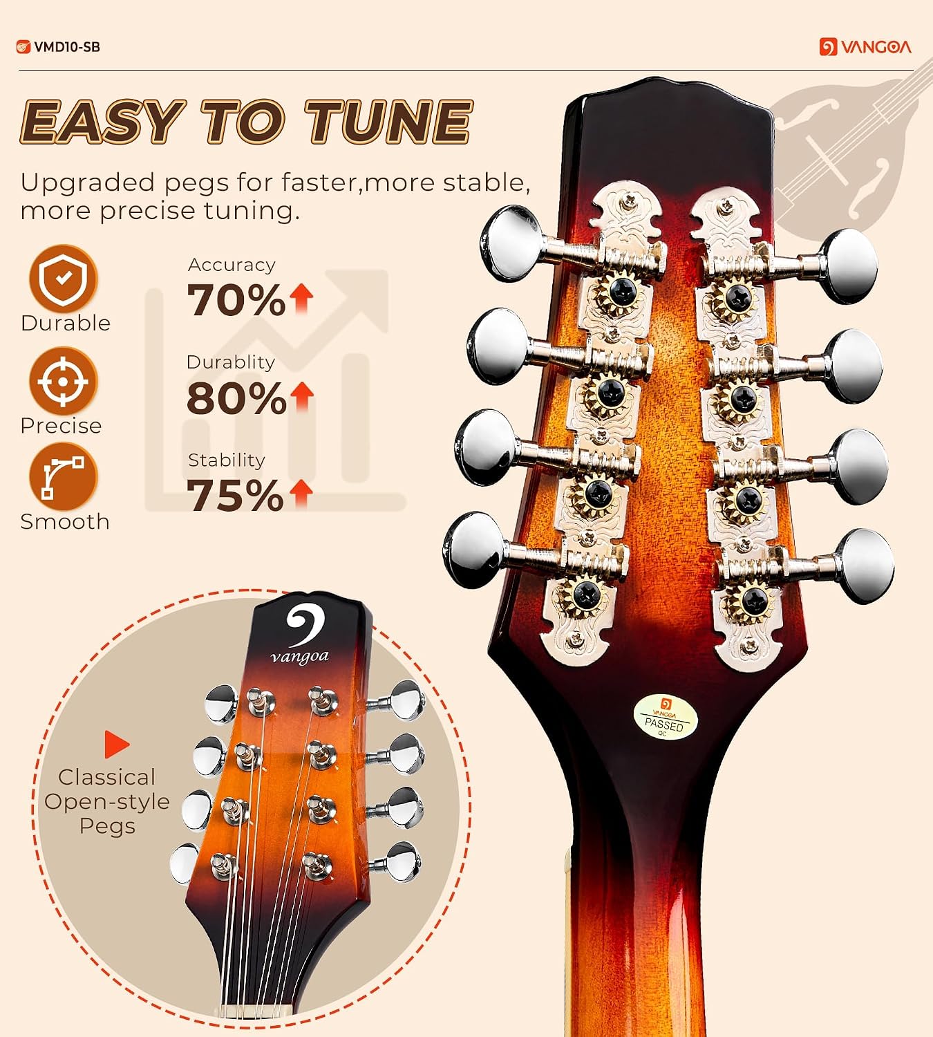 Vangoa Mandolin Musical Instrument A Style, Acoustic Mandolin Instrument Kit Italian 8 String for Professional Beginners Adults Teens Youth Kids, Sunburst, Glossy