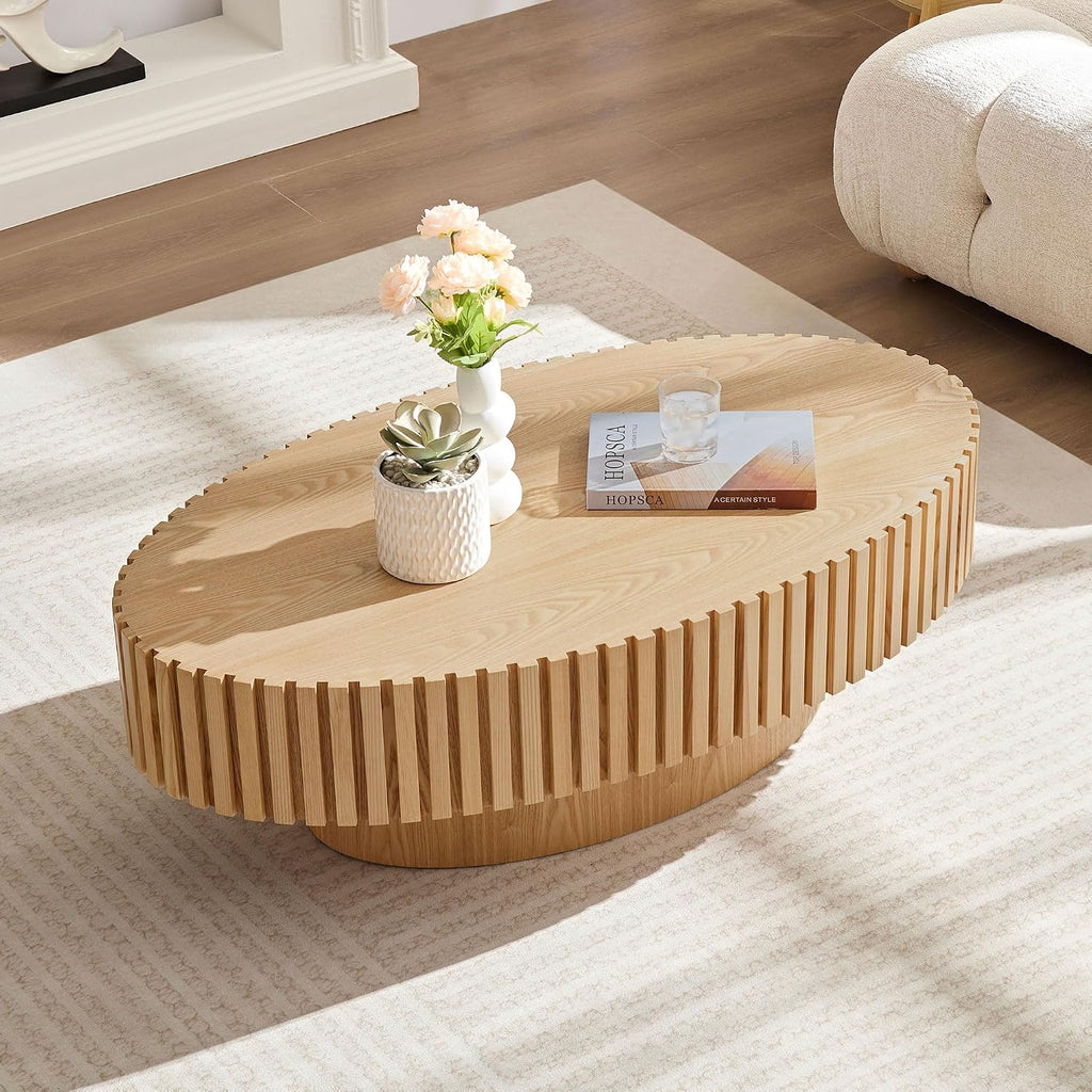 JUSTONE 43.31 Inch Oval Coffee Table, Farmhouse Wood Farmhouse Style with Handcrafted Relief & Circle Drum Design for Living Room & Apartments, 43.31x13.78 Inches (Oak)